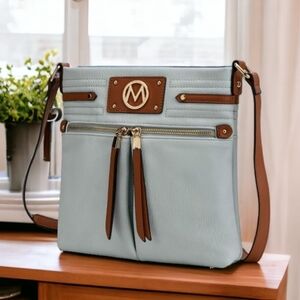 MKF Vegan Leather Blue and Brown Trendy Fall Versatile Crossbody Bag